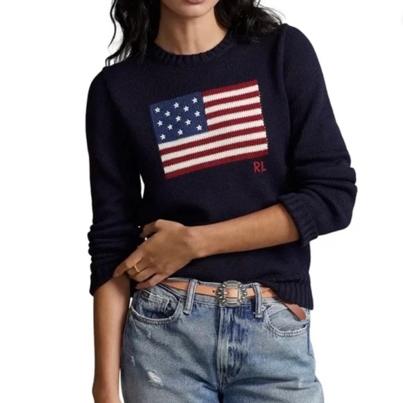 NWT Polo Ralph Lauren American Flag Cotton Crewneck Sweater - Size Medium - Picture 1 of 12
